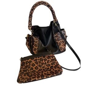 Boho Chic Faux Leather Leopard Print 2 Piece Crossbody Tote Cosmetic Bag Large